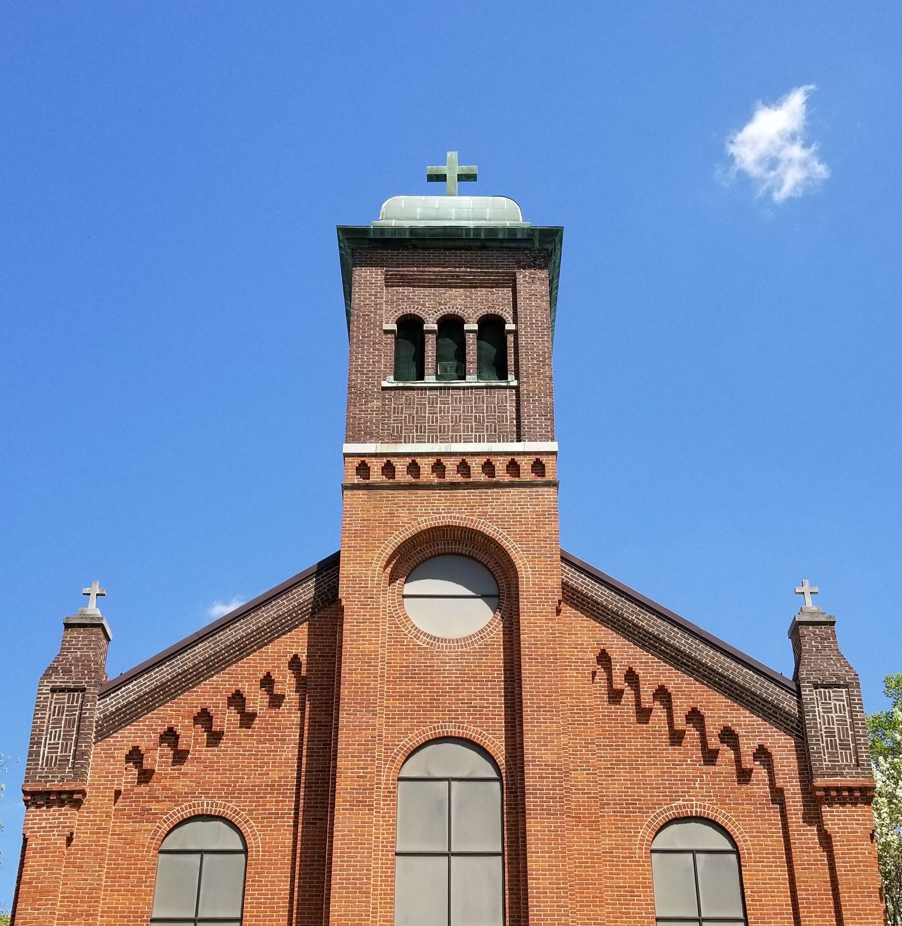 The historic brick facade of St. Mary church in Avilla, Indiana