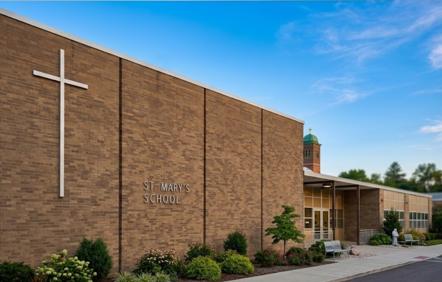 St. Mary Catholic School building in Avilla, Indiana, with its rooftop cross and bell